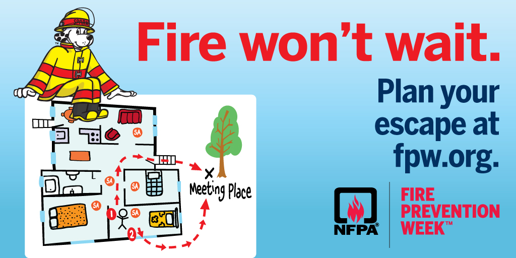 Fire Prevention Week 2022 image - Fire Won't Wait. Plan Your Escape at fpw.org