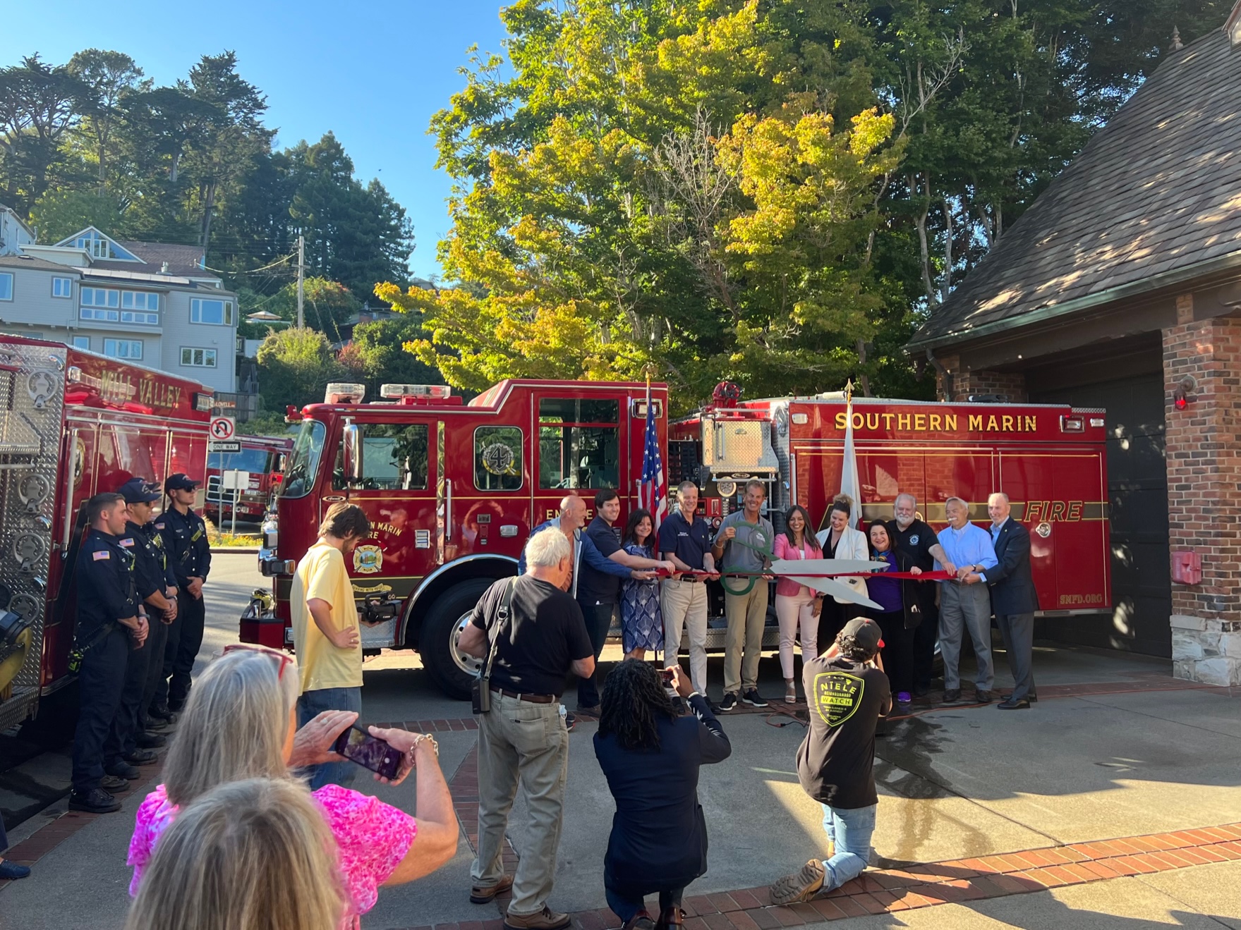 [ID: City of Mill Valley Council and Southern Marin Fire District Board of Directors at Consolidation and Ribbon Cutting Ceremony on Tuesday, July 11, 2023.]⁠