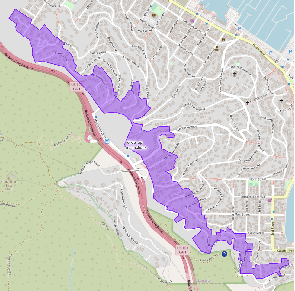 Defensible Space Inspection Area - Sausalito map image - 10:1:23