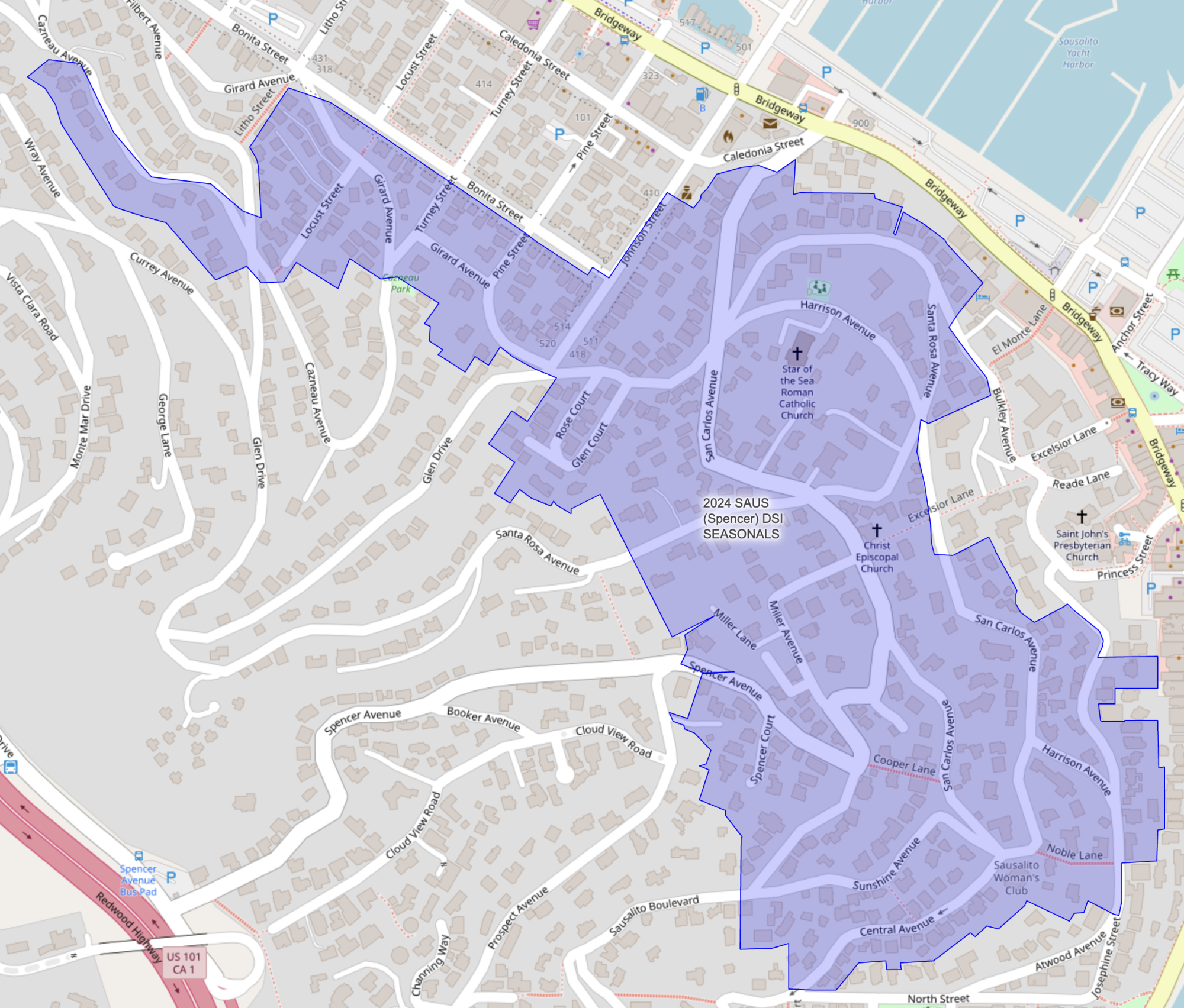 ID: [Sausalito properties within the purple highlighted area above will receive defensible space evaluations in August 2024.]